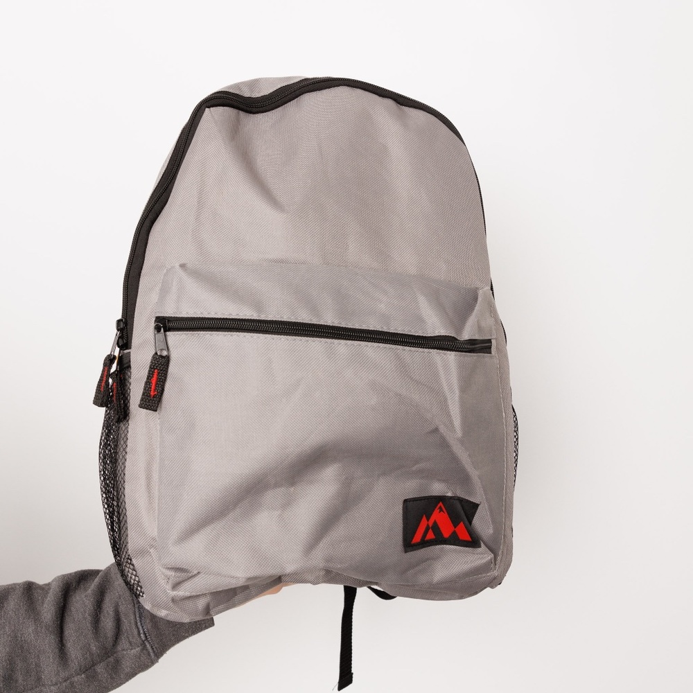 Grey Backpack Lightweight Black Red Logo Bottle Holder Adjustable Straps